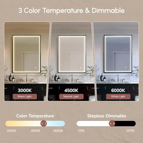 USHOWER 36X30 LED Bathroom Mirror with Lights, Black Aluminum Frame LED Mirror, Shatter-Proof, Anti-Fog, Stepless Dimmable, Memory Function, 3 Colors Smart Mirror for Bedroom, Powder Room, ETL - Thumbnail 5