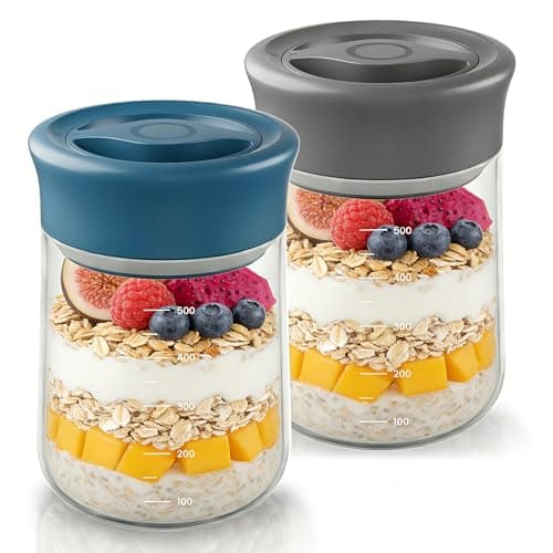 LAKUMIQI Overnight Oats Containers with Lids, 2 Pack 17oz Glass Jars with Airtight Lids, Wide Mouth Mason Jars, Food Coffee Bean Storage Containers for Yogurt, Chia Pudding, Snack, Salad(Blue+Grey) - Image 1