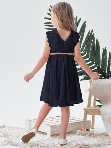 ALLOVIN Toddler and Girls Vintage Boho A-Line Lace Dress with Belt Pom Pom Trim Birthday Party Dress | Navy Blue | 3-4T - Thumbnail 2