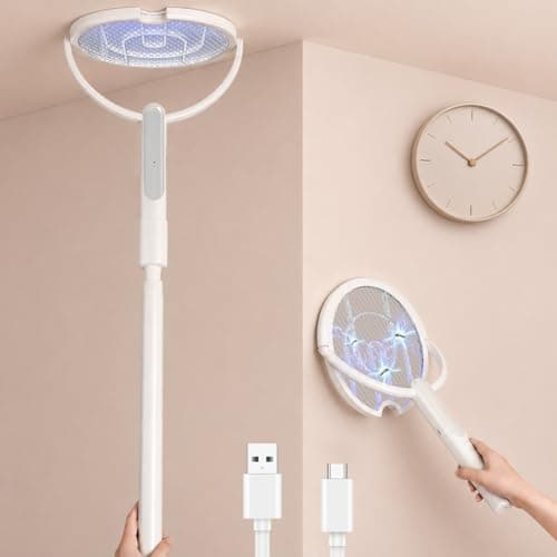 Rotating Head Electric Fly Swatter Racket, Bug Zapper Indoor with Long Telescopic Extension 4000V USB Rechargeable Mosquito Zapper Killer with Charging Base, 3 Modes Automatic & Manual - Image 1