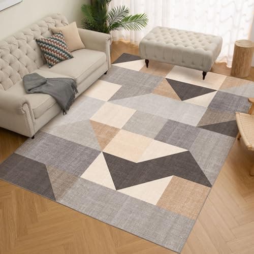 HOMFINE Washable Area Rug - Geometry Style Modern Rugs for Living Room, Bedroom, Machine Washable Rug Soft Non Slip Non Shedding Area Rug - Grey Brown, 5'x7' - Image 1