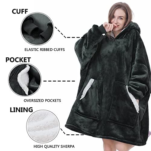 Kipswiza Oversized Wearable Blanket Hoodie Gifts for Mom Dad, Soft Warm Sherpa Fleece Blankets Sweatshirt with Big Pockets for Women Men Dad Mom Friends (Greenish-Gray) - Thumbnail 6