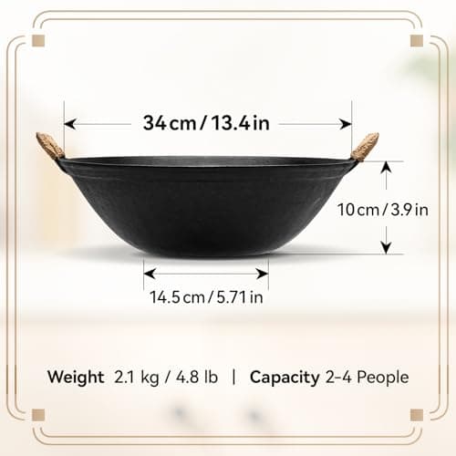 WANGYUANJI 13.4 Inch Cast Iron Wok with Wooden Lid and Iron Spatula, Flat Bottom Double-Handle Chinese Stir Fry Pan, Uncoated Cast Iron Wok for Induction, Gas and Electric Stoves - Thumbnail 2