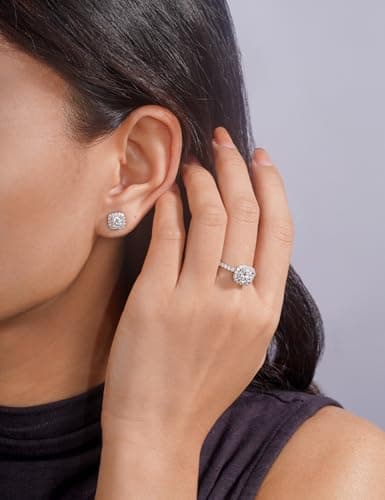 IMOLOVE Moissanite Stud Earrings Lab Created Moissanite Earrings in Sterling Silver Trendy Square Halo Earrings for Women Men D Color Round Cut - Thumbnail 6