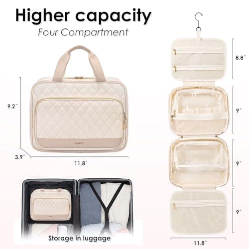 MDODO Travel Toiletry Makeup Bag for Women Hanging Toiletry Bag Cosmetic Organizer Make up Bags for Women Travel Makeup Essentials, Beige - Thumbnail 2
