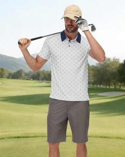 KUYIGO Mens Golf Polo Shirts Moisture Wicking Performance Short Sleeve Collared Shirt Casual Print Golf Shirts XL Print White - Thumbnail 3