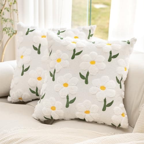 KIDHABE Spring Summer Pillow Covers 18x18 inch Set of 2, White Daisy Floral Sunflower Pillow Cases, Soft Plush Faux Fur Jacquard Throw Pillows for Sofa Couch Holiday Spring Home Decor - Image 1