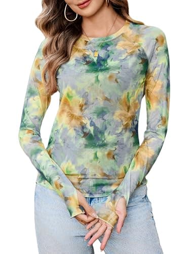 Totatuit Women Long Sleeve Mesh Top Floral Printed Crewneck Basic Fitted Blouse Shirts for Teen Girls See Through Sheer Mesh Top Night Out Party Travel Tshirts Green Small - Image 1