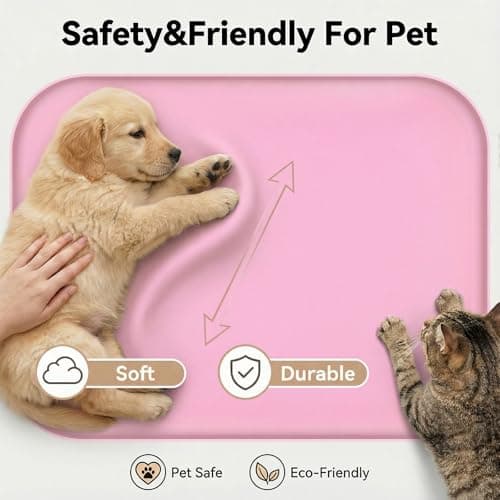 BLESWIN Waterproof Silicone Pet Feeding Mat Pink with Raised Edge,24" x 16"Non-Skid Spill Proof Dog Bowl Mats, Easy Clean Cat Bowls Placemat for Cats and Dogs - Thumbnail 6