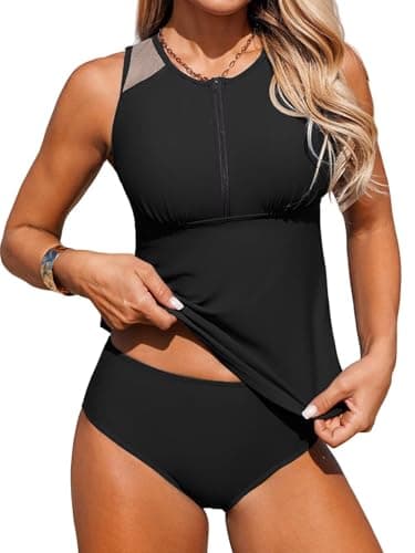 ZAFUL Black Tankini Swimsuits Tummy Control Two Piece Bathing Suits with High Waisted Shorts, Modest Zip Tank Top Swimwear XL