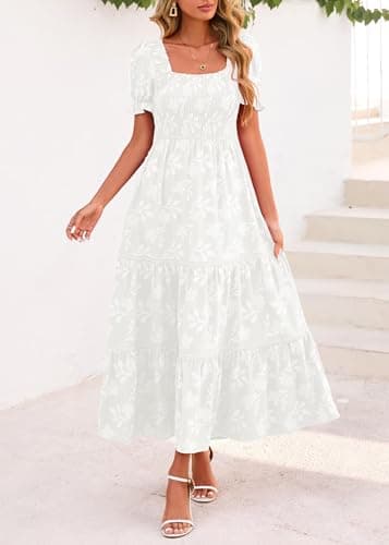 Lazysmile Women's Summer Boho Floral Maxi Dress Short Sleeve Square Neck Smocked Ruffle Elegant Wedding Guest Dress White - Thumbnail 3