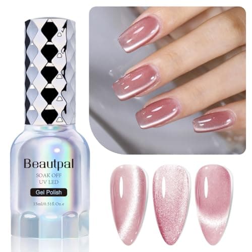 Larvall BEAUTPAL Glassy Cat Eye Gel Nail Polish,15ML Glitter Holographic UV LED Nail Polish Gel Salon Manicure Nail Art DIY at Home with Magnetic Wand Color 007 Rose Queen