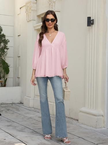 Aotasely Women's Flowy Peplum Babydoll Tops 3/4 Length Puff Sleeve Shirts Trendy Casual Loose Fit Blouse V Neck Outfits Pink - Thumbnail 6