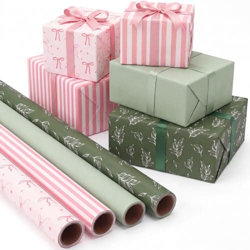 woric Sage Green Wrapping Paper Rolls - Jumbo Cute Bows Wrapping Paper with Pink Stripes for Women Girls Birthday Bachelor Party Decorations - 4 Rolls - 30 Inch x 120 Inch Per Roll - Image 1