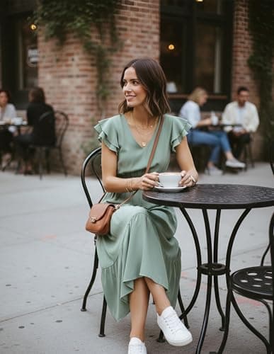 GRACE KARIN 2026 Womens Summer Dresses V Neck Ruffle Sleeve Floral Boho Beach A-Line Dress Sage Green-Solid XX-Large - Thumbnail 4