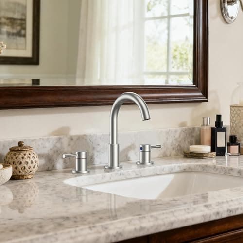 FORIOUS Brushed Nickel Bathroom Faucet 3 Hole, 360° Swivel 8 Inch Widespread Bathroom Sink Faucet with Pop Up Drain 2 Handle Faucets for Sink, Vanity, RV, Lavatory, Farmhouse - Thumbnail 5