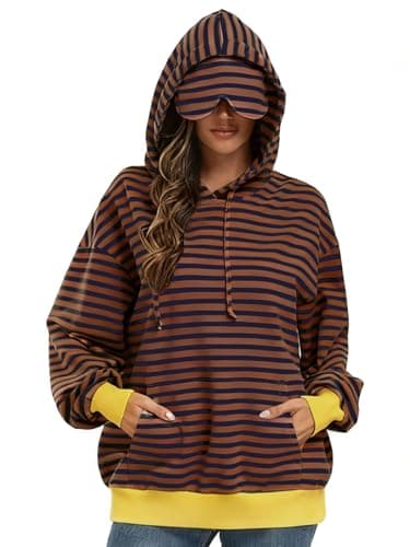 SeSe Code Hoodie With Eye Mask Striped Airplane Travel Womens Mens Oversized Sweatshirt Sleep Pullover Color Block Brown Khaki XL - Image 1