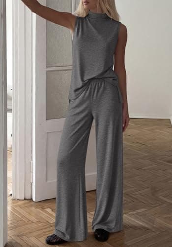 BTFBM 2 Piece Outfits For Women Airport Travel Summer 2026 Loose Mock Neck Sleeveless Wide Leg Pants Workout Lounge Sets(Dark Grey, Large) - Thumbnail 5