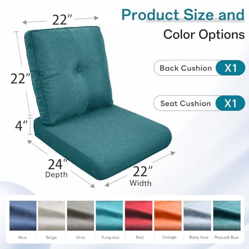 Opohoro Outdoor Chair Cushions-Patio Chair Cushions Set with Removable Cover 22 X 25 Inch Outdoor Cushions for Patio Furniture Chair Sofa Couch-Peacock Blue - Thumbnail 2