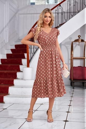 GRACE KARIN 2026 Womens Summer Dresses V Neck Ruffle Sleeve Floral Boho Beach A-Line Dress Light Brick Red-Gold Dots Medium - Thumbnail 3