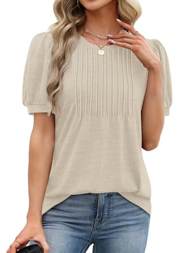 XIEERDUO Plus Size Spring Clothes for Women Spring Tops Short Sleeve for Women Pleated Shirts Blouses Dressy Causual Spring Outfits Fashion Clothing 2026 Apricot XXL - Thumbnail 4