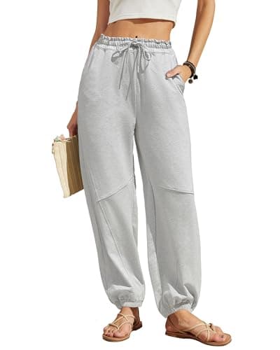 Bsubseach Womens High Waist Barrel Sweatpants Casual Wide Leg Pants Ruffle Elastic Waist Drawstring Palazzo Trousers Grey - Image 1