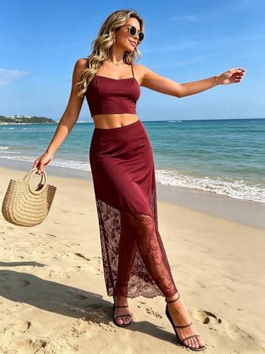 Women's 2026 Lace Patchwork Bodycon Skirt - High Waist Elegant Solid Maxi Long Skirt (US, Alpha, Small, Regular, Regular, Red) - Thumbnail 3