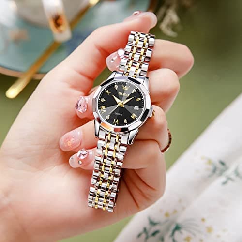 OLEVS Watch Women Black Face Gold and Silver Watches for Women Waterproof Luxury Two Tone Stainless Steel Ladies Watches for Small Wrists Vintage Analog Quartz Womens Watch with Date Reloj para Mujer - Thumbnail 4