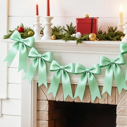 1 Strings Sage Green Bow Garland Banner Decorations, Pre-Strung Satin Ribbon Bows for Birthday, Baby Shower, Bridal Shower, Coquette Girls Room, Bow Themed Party, Wedding, Christmas Tree Decorations - Image 1