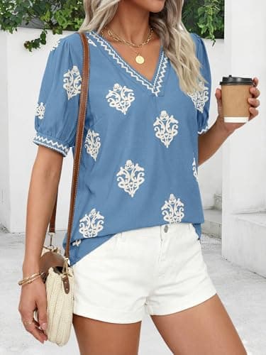 BTFBM Casual Summer T Shirts Going Out Tops for Women Beach Vacation Clothes Short Sleeve Blouses V Neck Boho Tunicss(Light Blue Apricot Flower,XX-Large) - Thumbnail 6