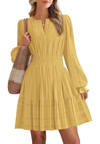 BTFBM Mini Dresses for Women 2026 Casual Lightweight Long Sleeve V Neck A Line Elastic Waist Party Holiday Dress(Yellow, Small) - Image 1
