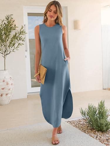 ANRABESS Women's Summer Maxi Dress with Pockets Grey Blue XX-Large - Thumbnail 2