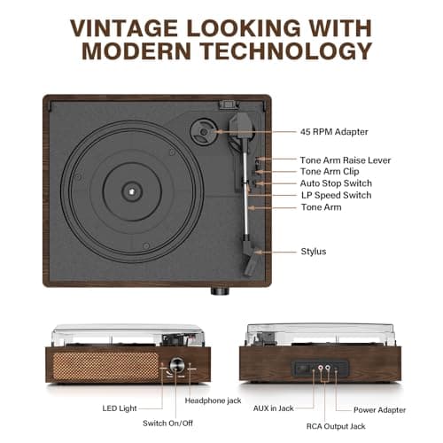 Bluetooth Vinyl Record Player,3-Speed Turntable with Stereo Speakers Vintage Phonograph Record Player, with RCA Line Out AUX in Headphone Jack Coffee Wood - Thumbnail 2