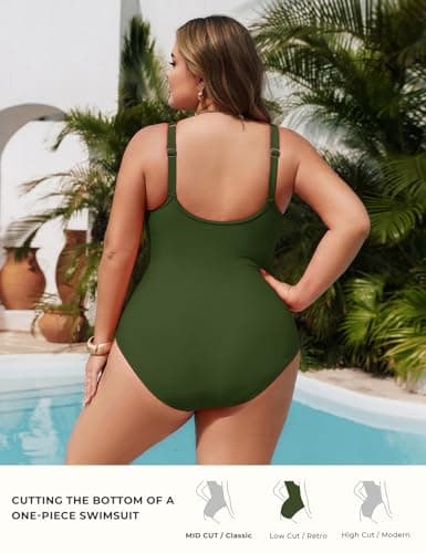 Hanna Nikole One Piece Swimsuit Women Athletic Plus Size,False Overlapping Design Tummy Control Swimsuits Army Green 20W - Thumbnail 2