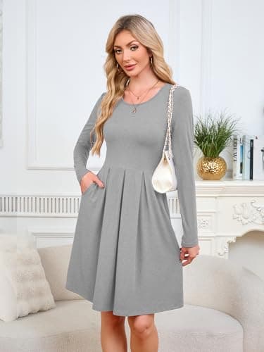 KORSIS Womens Dress Casual Swing Dark Grey L T Shift Autumn Long Sleeve Round Neck Tunic Loose Fashion 2025 Petite Dresses with Pockets - Thumbnail 3