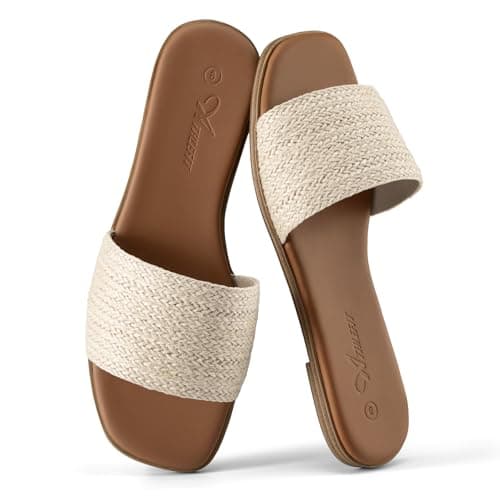 Athlefit Women's Raffia Flat Sandals Square Open Toe Comfortable Slip On Summer Beach Casual Slide Sandals Size 7.5 - Thumbnail 6