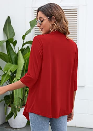 Heymoments Cardigan for Women Crimson Large Draped Open-Front 3/4 Sleeve Lightweight Casual Soft Drape Summer Fall Kimonos Cardigans - Thumbnail 5
