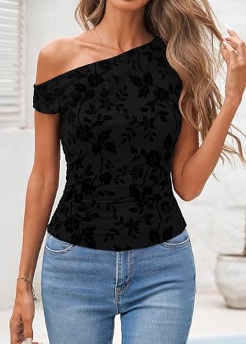 Lazysmile Womens Summer Floral Off Shoulder Tops Sleeveless Ruched Slim Fit Shirts Blouse Y2K Going Out Mesh Tank Tops Black - Thumbnail 5