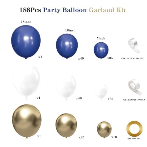 188pcs Royal Blue White Gold Balloon Garland Arch Kit, Navy Blue White and Gold Balloon for Anniversary Wedding Bridal Shower Birthday Party Decorations - Thumbnail 2