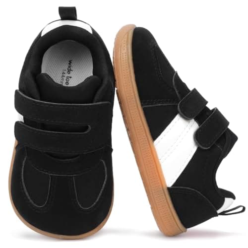 WIDE TOE BOX Toddler Girls Boys Shoes Wide Zero Drop Barefoot Shoes Comfort Non-Slip First Walking Sneakers for Preschool Outdoor Activities Black White, 7 Wide Toddler