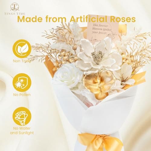 TINGE TIME Preserved Flowers Bouquet, Platinum Faux Rose Bouquets, Eternal Roses Bouquet for Wedding, Table Centerpieces, Mothers Day, Birthday Gifts, Anniversary, Graduation(White & Gold) - Thumbnail 5