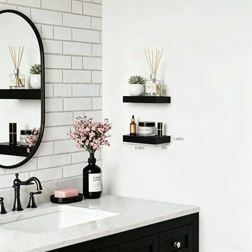 Modcraft Black Floating Shelves for Wall Set of 2, 11.8 Inch Small Wall Shelves for Bathroom Over Toilet, Home Office & Bedroom Storage, Wall Mounted Display Shelves for Decor, Books & Collectibles - Thumbnail 4