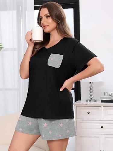 AusLook Plus Size Pajama Set for Women 2 Piece V Neck Short Sleeve Loungewear 4X Set with Pajama Printed Shorts Summer Sleepwear Loose Fit 1X-5X - Thumbnail 3