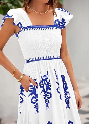 BTFBM Summer Dresses for Women 2026 Casual Floral Boho Sleeveless Square Neck A Line Flowy Beach Maxi Dress Pockets(White Blue Flower, Small) - Thumbnail 4