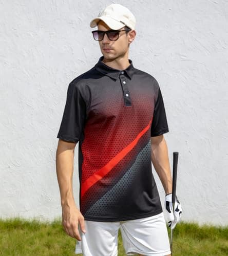 uideazone Mens Golf Shirts Gradient Red Black Polo Shirt Polka Dot Abstract Stripe Performance Golf Short Sleeve Dry Fit Polos - Thumbnail 4
