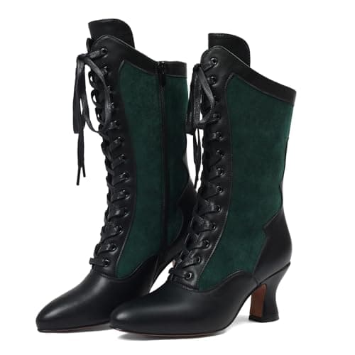 Erocalli Womens Fall Witch Boots Halloween Vintage Mid-calf kitten heel Suede Boot - Green, Lace-up, Side Zipper, Pointed Toe, Renaissance, Victorian shoes - Image 1