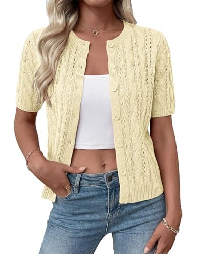 MASCOMODA Women Summer Cable Knit Crochet Cardigan Sweaters Casual Button Short Sleeve Sweater Cute Beach Hollow Out Knit Top(Yellow,XX-Large) - Image 1