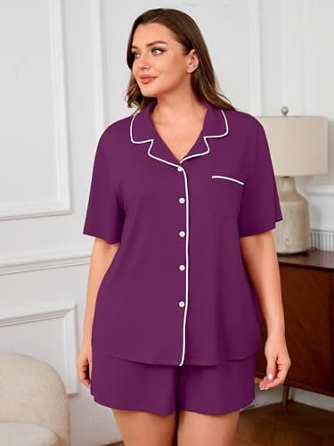 AusLook Plus Size Purple Pajama Set for Women Short Sleeve Button Down Sleepwear 2 Piece Loungewear with Pockets Notch Collar Drawstring Pajama Shorts Soft Comfy PJ 5X Set - Thumbnail 4
