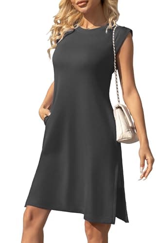BEXIBOOM 2026 Summer Women's Casual Sleeveless Round Neck Midi Dress Loose Fit Split Wrinkle-Free Dress with Pockets Black-XL - Thumbnail 4