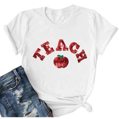 FAYALEQ Teacher Shirt for Women Sequin Teach Apple Shirt Back to School Shirt Teach Kindness Shirt Teaching Life Tops White, X-Large - Image 1
